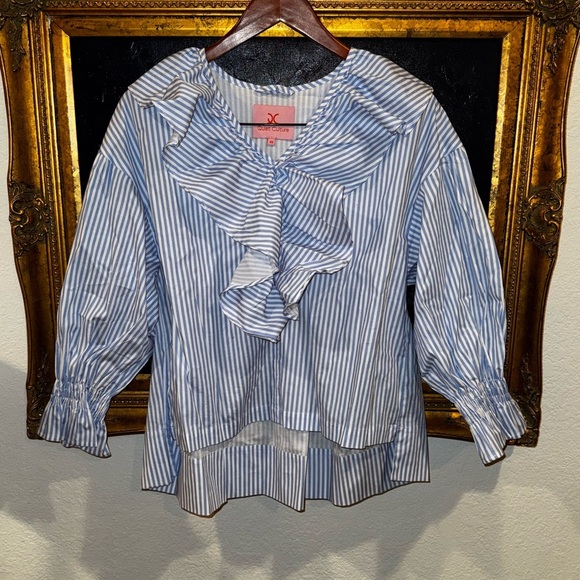 Quiet Culture Lady Bird Cotton Blue Striped Ruffled Puff Sleeve Pajama Top XS - Picture 3 of 8